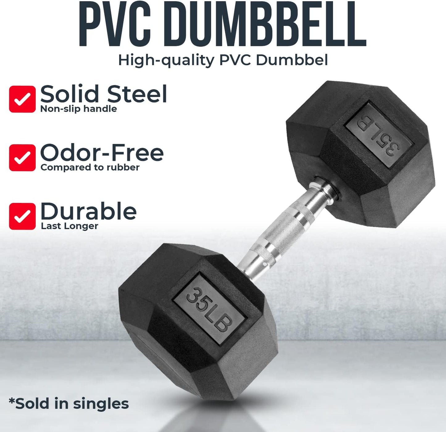 Hex Dumbbells - PVC Coated Weights, Chrome-Plated Knurled Handles, Fixed Hexagon Dumbbell - Workout, Exercise, Body Building Home Gym Training Gear - 3 Lb to 50Lb - Sold in Singles