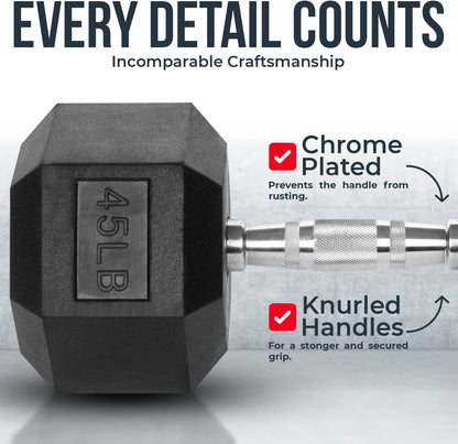 Hex Dumbbells - PVC Coated Weights, Chrome-Plated Knurled Handles, Fixed Hexagon Dumbbell - Workout, Exercise, Body Building Home Gym Training Gear - 3 Lb to 50Lb - Sold in Singles