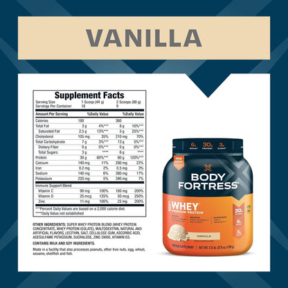 Body Fortress Whey Protein Powder - Vanilla with Immune Support, 3.9 lbs