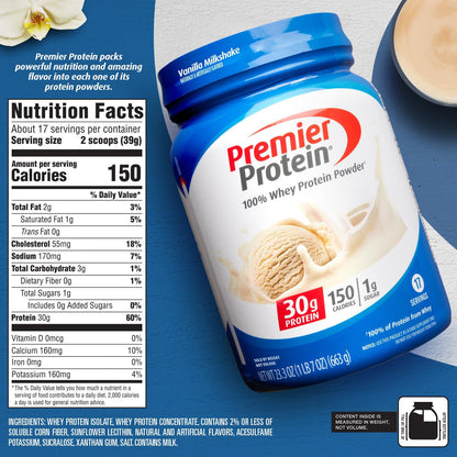 Premier Protein Vanilla Milkshake Powder - 30g Protein, Gluten Free, 29 Servings