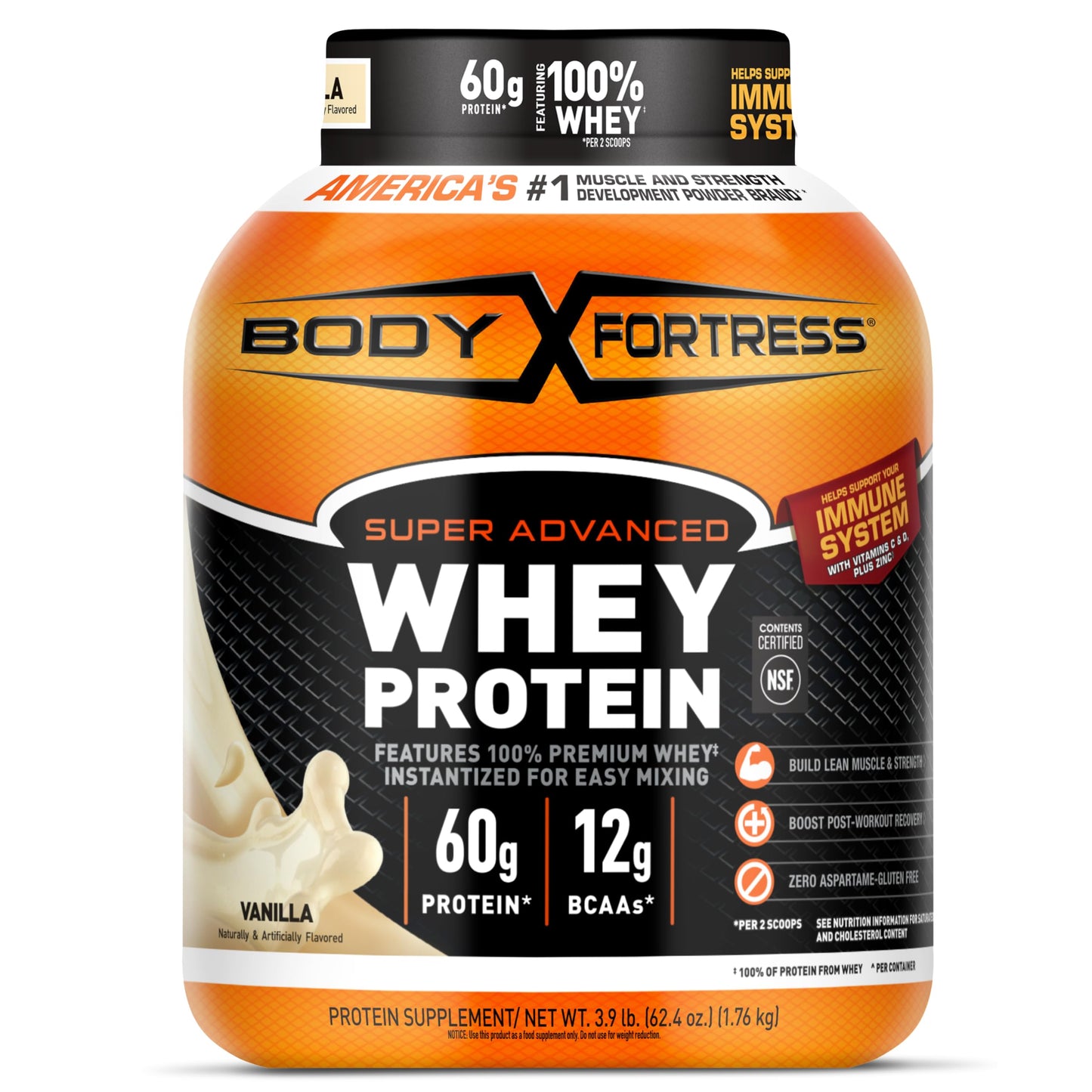 Body Fortress Whey Protein Powder - Vanilla with Immune Support, 3.9 lbs