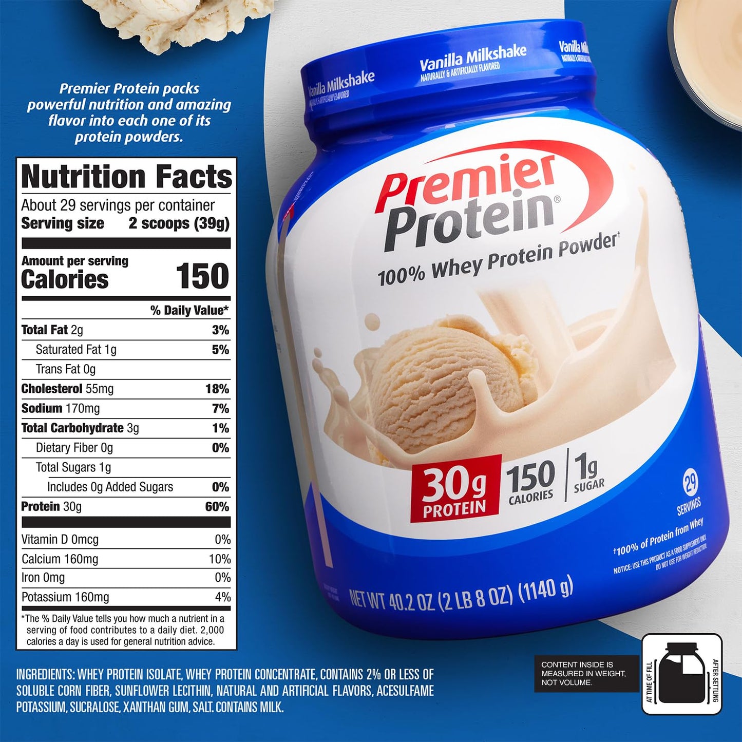 Premier Protein Vanilla Milkshake Powder - 30g Protein, Gluten Free, 29 Servings