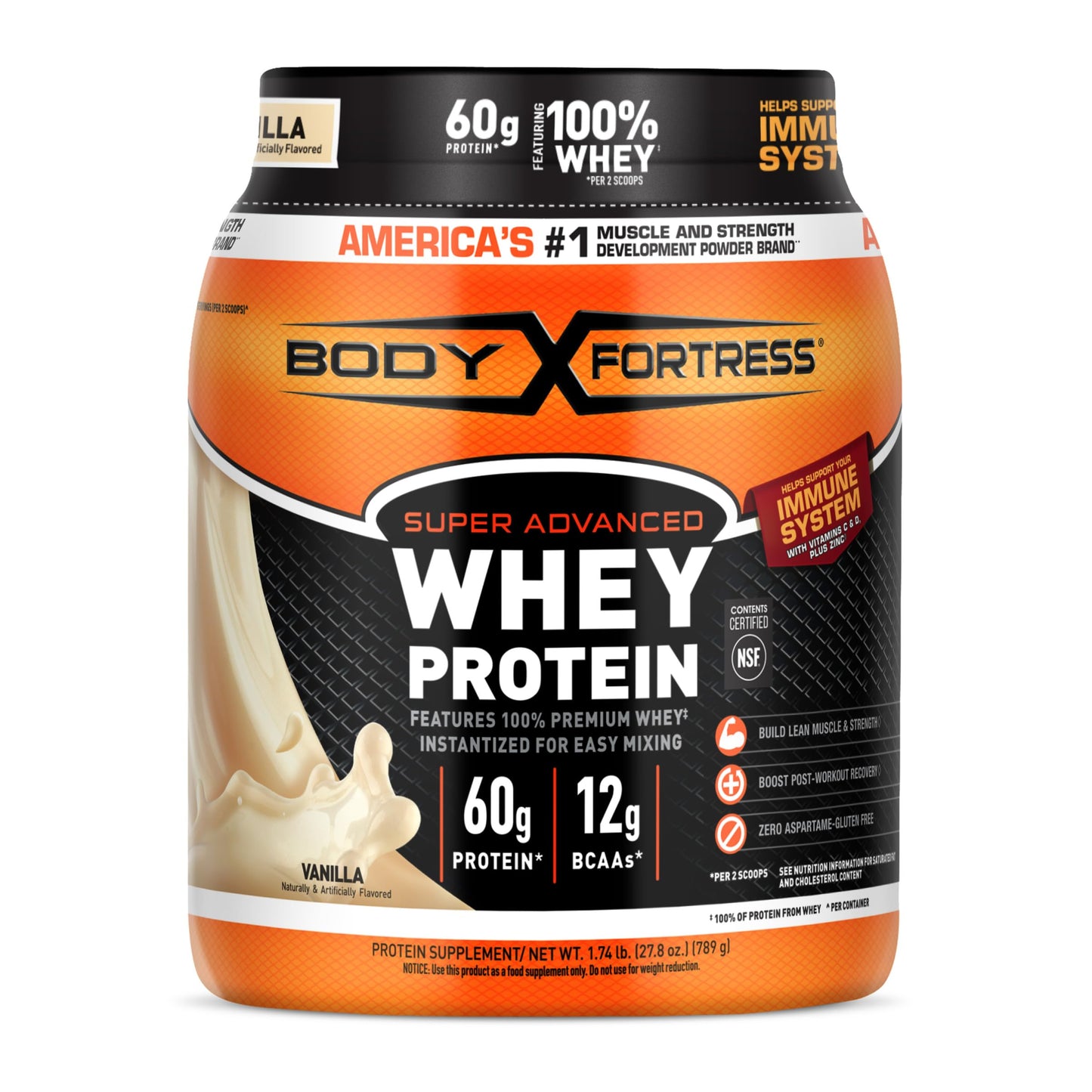 Body Fortress Whey Protein Powder - Vanilla with Immune Support, 3.9 lbs