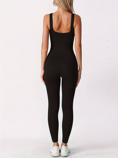 Women'S Ribbed Solid Color One Piece Jumpsuit, Form-Fitting Sensual Activewear, Classic Sleeveless Full-Length Pants for Sport Casual Wear