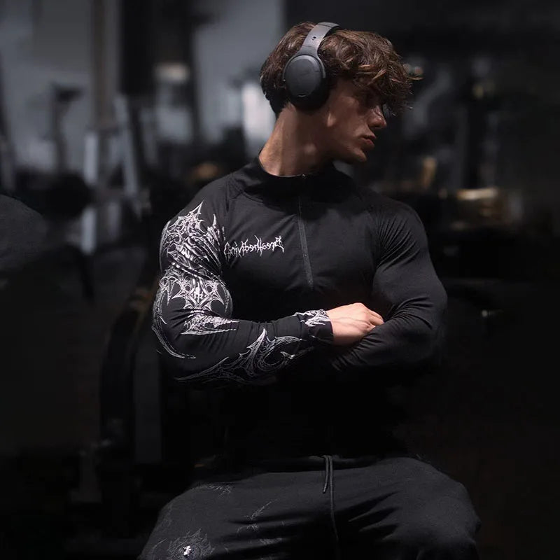 GYM Fitness Training Clothes Cardigan Zipper Style Gothic Style Men's Trend Training Slim Fit Cycling Quick Drying Long Sleeved