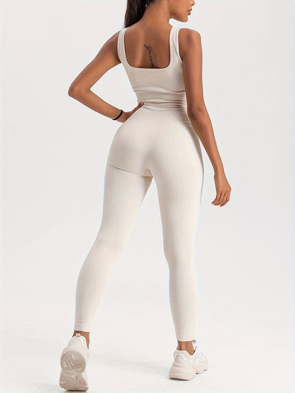Women'S Ribbed Solid Color One Piece Jumpsuit, Form-Fitting Sensual Activewear, Classic Sleeveless Full-Length Pants for Sport Casual Wear