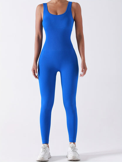 Women'S Ribbed Solid Color One Piece Jumpsuit, Form-Fitting Sensual Activewear, Classic Sleeveless Full-Length Pants for Sport Casual Wear